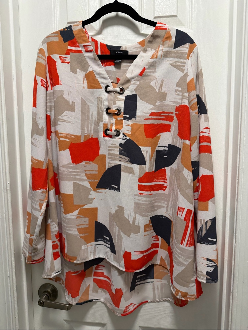 Alfani Abstract Geo Lace-Up Tunic Top - White, Orange, Tan, Black